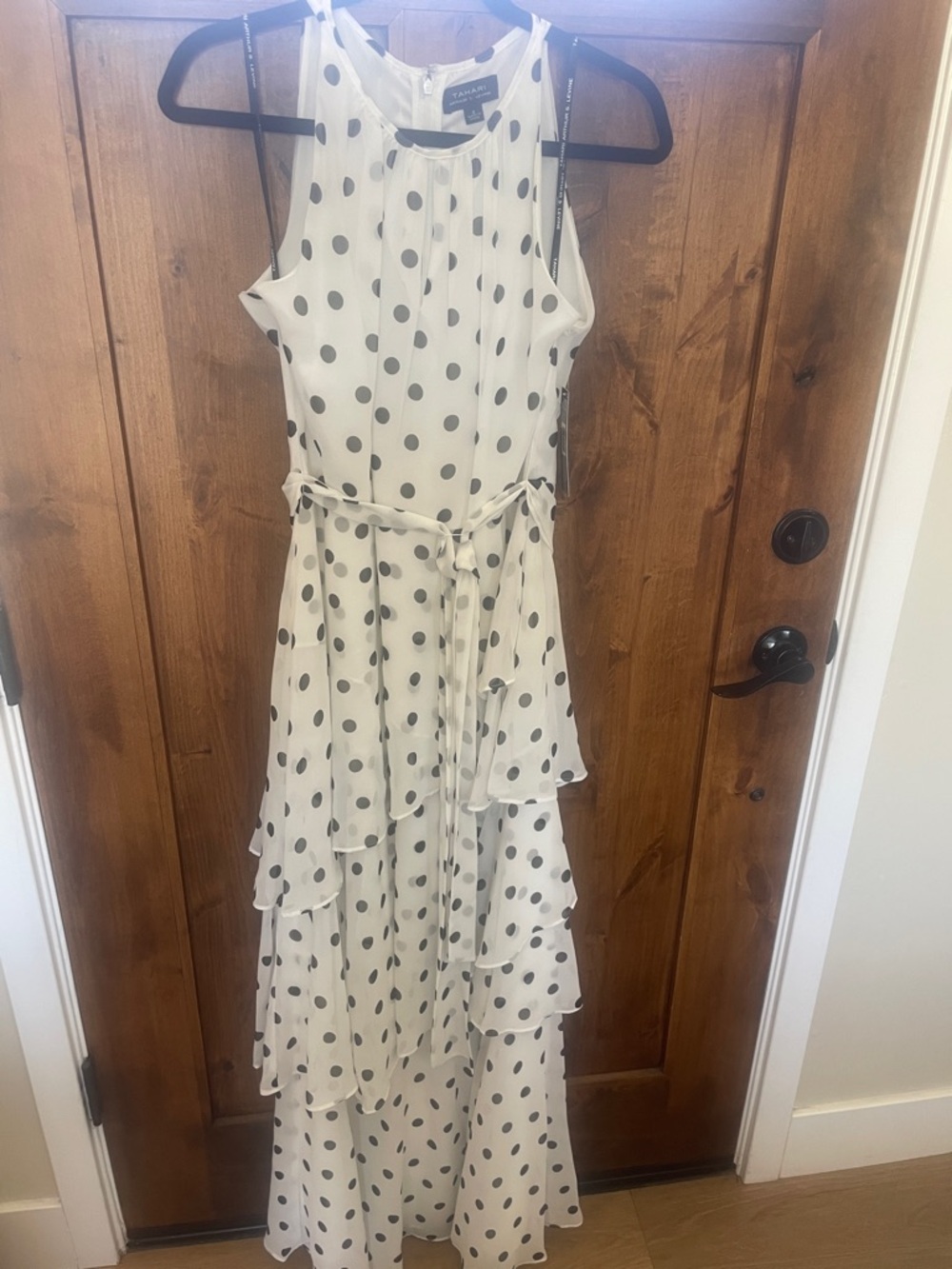 Tahari ASL Cream and Black Polka Dot Tiered Maxi Dress